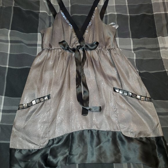 Hale Bob Metallic Silver & Gray Silk Tunic Dress Top Tank Size L Y2K - Picture 3 of 8